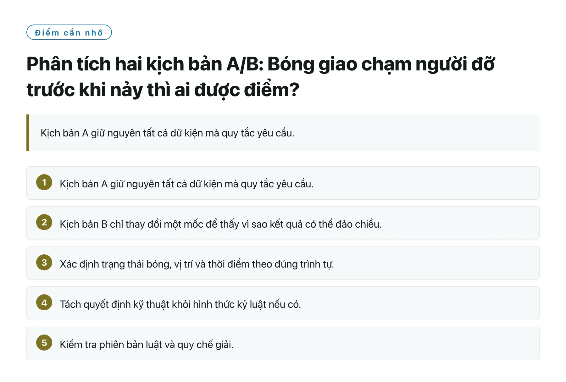 Phân tích hai kịch bản A/B: Bóng giao chạm người đỡ trước khi nảy thì ai được điểm?——全文要点速览